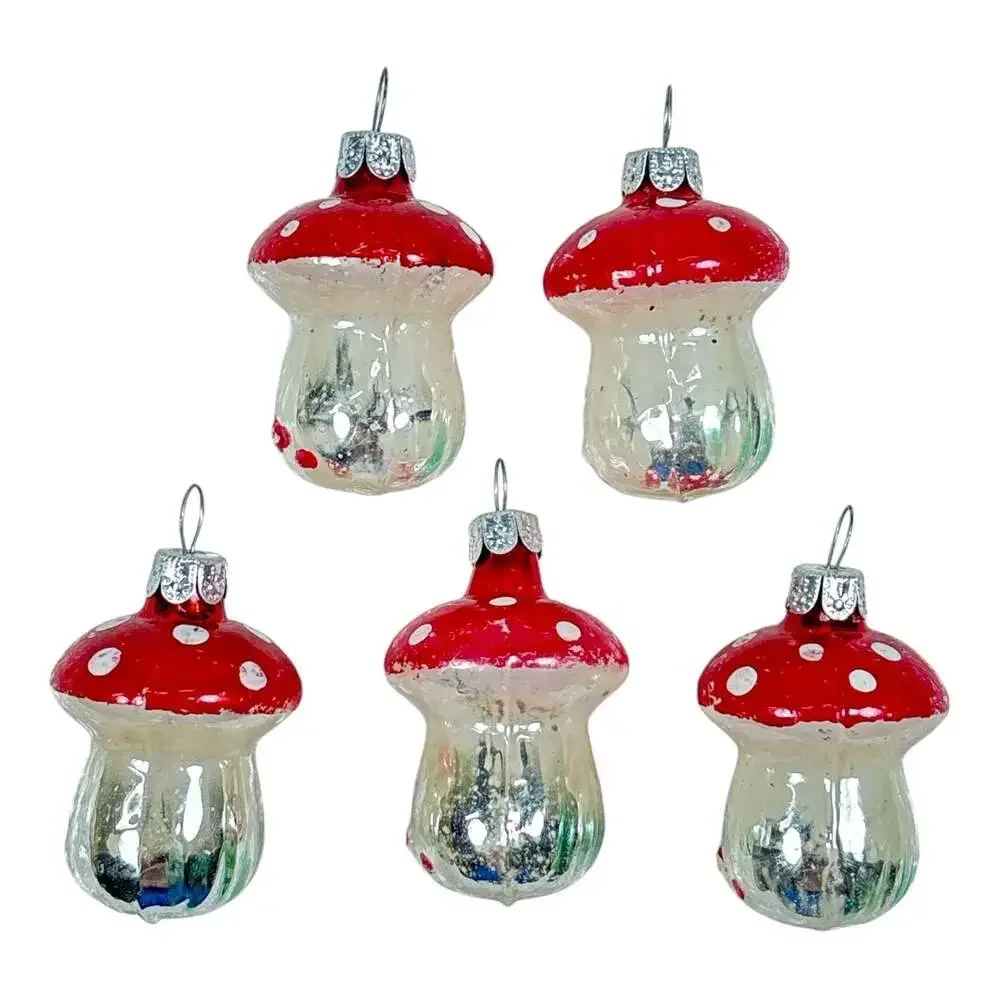 5 Vintage 2” Tall Blown Mercury Glass Red Cap Mushroom Christmas Ornaments